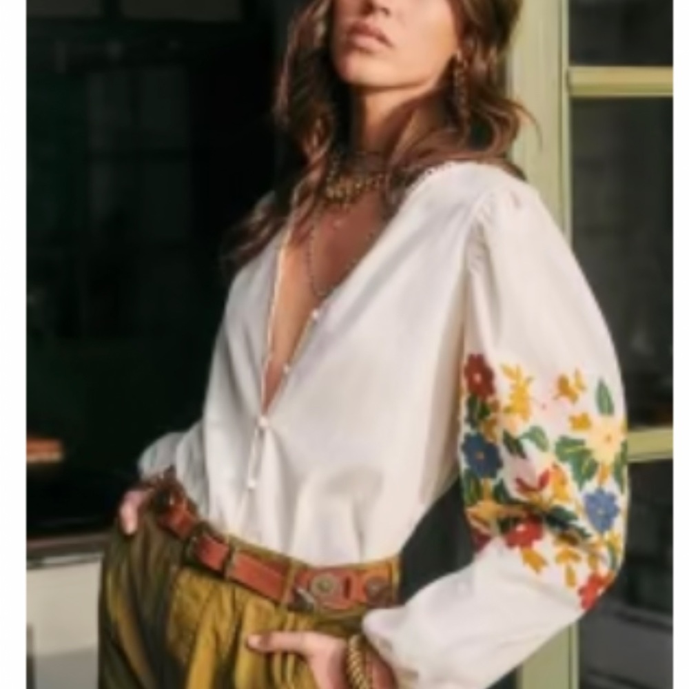 Sezane Reety White Button-Down Blouse with Multicolor Floral Embroidery - Picture 4 of 9